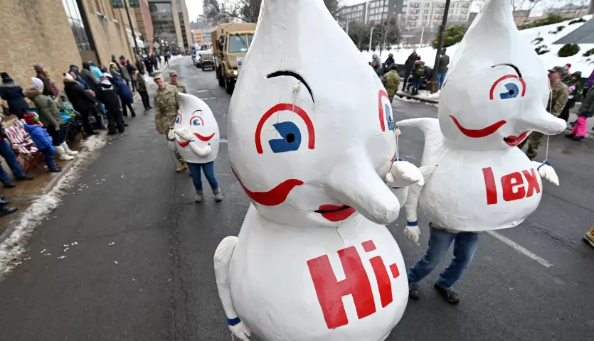 The Hi-lex Gnomes, worn by Boy Scout Troop 13, march during the 2020 St. Paul Winter Carnival King Boreas Grande Day Parade in downtown St. Paul on Saturday, Jan. 25, 2020. (John Autey / Pioneer Press)