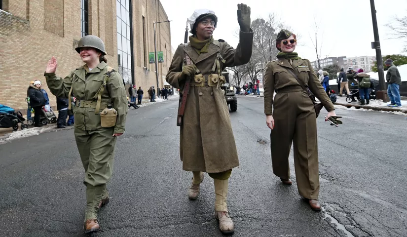 Army re-enactors march during the 2020 St. Paul Winter Carnival King Boreas Grand Day Parade in downtown St. Paul on Saturday, Jan. 25, 2020. (John Autey / Pioneer Press)