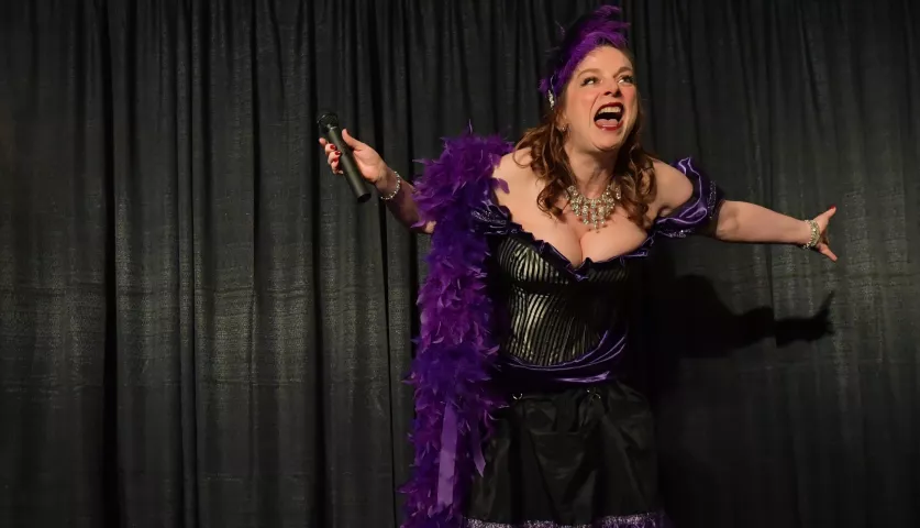 Shelley Pabst, from South St. Paul hams it up during the Klondike Kate contest at the enVision hotel in South St. Paul on Wednesday, Jan., 8, 2020. (John Autey / Pioneer Press)