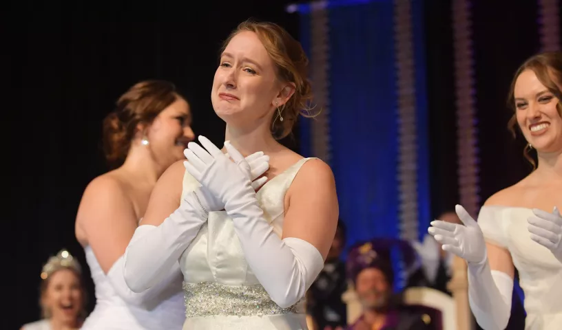 Kirstin Knutson reacts after being named the 2020 Aurora, Queen of the Snows during the 2020 St. Paul Winter Carnival Royal Coronation at the RiverCentre Grand Ball Room in St. Paul on Friday, Jan. 24, 2020. (John Autey / Pioneer Press)