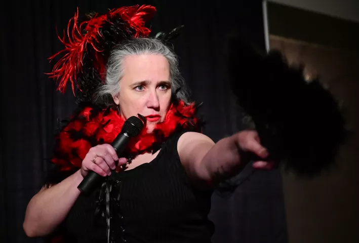 Tammy McCanna, from St. Louis Park, performs during the Klondike Kate contest at the enVision hotel in South St. Paul on Wednesday, Jan., 8, 2020. (John Autey / Pioneer Press)