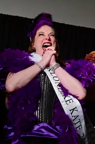 Shelley Pabst, from South St. Paul, reacts as she is sashed as the 2020 Klondike Kate during the Klondike Kate contest at the enVision hotel in South St. Paul on Wednesday, Jan., 8, 2020. (John Autey / Pioneer Press)