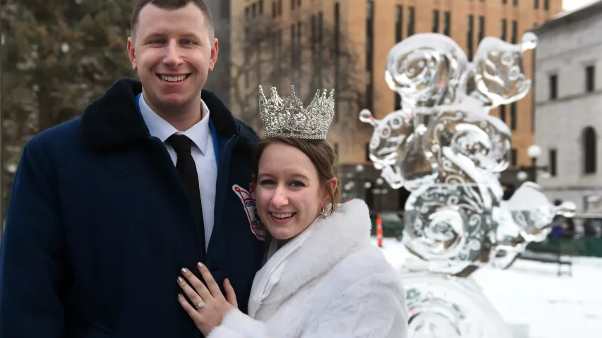 Kirstin Knutson, Queen of the Snows of the 2020 St. Paul Winter Carnival, and Daniel Maslowski, a Royal Guard, stand at the spot of his Thursday night marriage proposal in Rice Park in St. Paul on Friday, Jan. 31, 2020. (Jean Pieri / Pioneer Press)