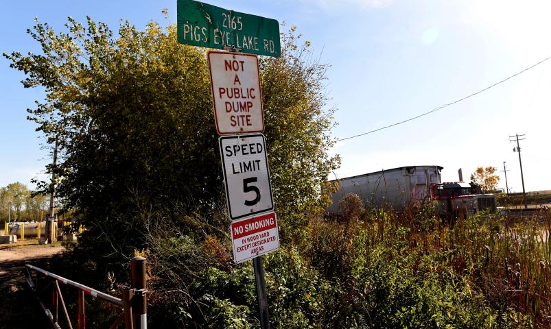 Just past Environmental Wood Supply at 2165 Pig's Eye Lake Road is the ummarked Pig's Eye Regional Park. These are the last signs you will see on Pig's Eye Lake Road before you turn off to the most hidden St. Paul park. (Jean Pieri / Pioneer Press)