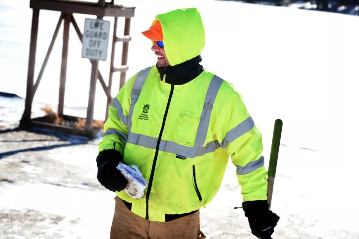 "You know you've lost it when you bring home an old roll of toilet paper!" said David Cunnien, of St. Paul, as he holds on to a roll of frozen toilet paper he found by a life guard stand during a search for the 2019 Pioneer Press Treasure Hunt medallion in Long Lake Regional Park in New Brighton Thursday, Jan. 24, 2019. He tried to pry it open with his gardening tool, but it was too frozen to open and so he brought it to his car and put it in a bag. He was out searching on the shoreline with his wife and so