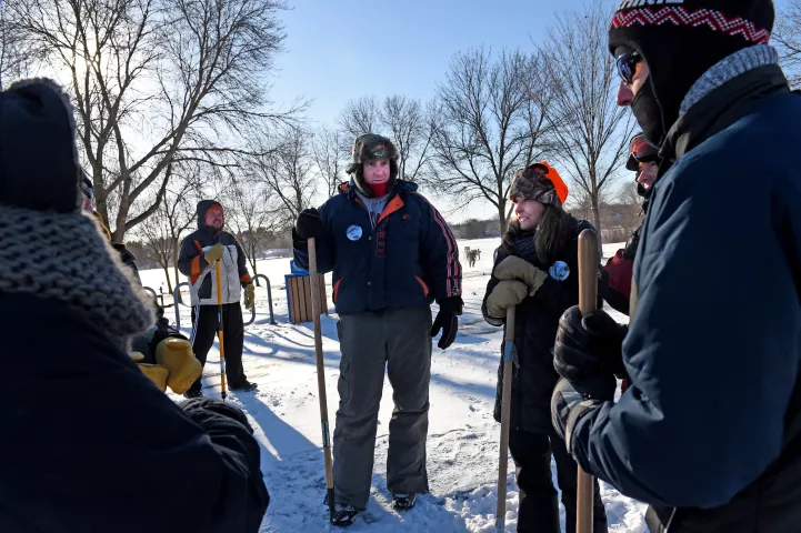 Treasure hunter friends talk before heading out to search for the 2019 Pioneer Press Treasure Hunt medallion n in Long Lake Regional Park in New Brighton Thursday, Jan. 24, 2019. (Jean Pieri / Pioneer Press)