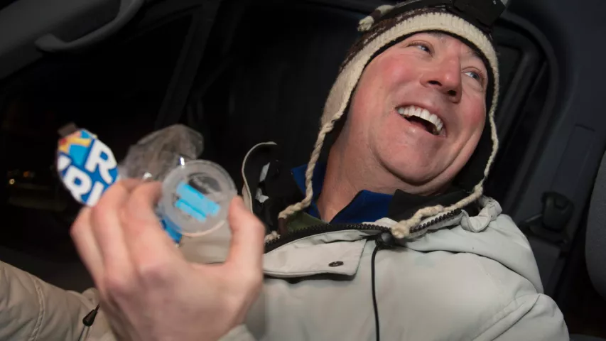 John Collins of Fridley holds the Pioneer Press Treasure Hunt medallion after finding the prize late Wednesday night, Jan. 30, 2019. (Special to the Pioneer Press: Craig Lassig)