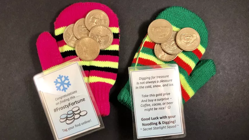 The Secret Starlight Squad has packaged five gold coins in small mittens and hidden 12 of them in Ramsey County parks. But not just anywhere: They’ve hidden them in spots where only Pioneer Press Treasure Hunters are likely to look. The idea is to give a little boost to hard-working Treasure Hunt diggers. They also hope finders will post their finds on Twitter or Facebook. Courtesy of Secret Starlight Squad)
