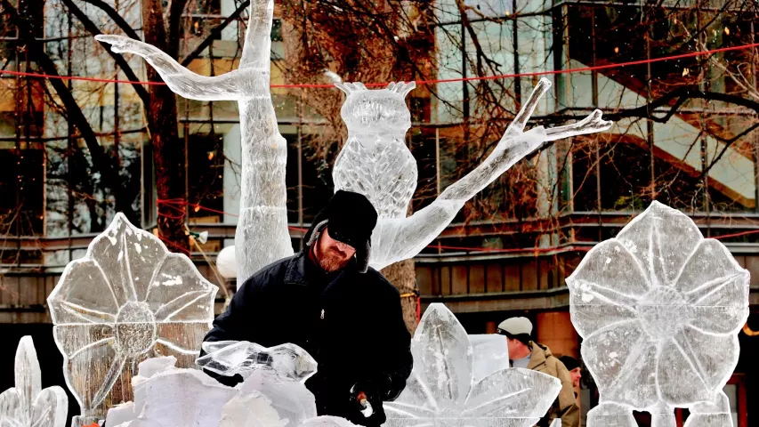 Derek Pasley, St. Paul, carves a rabbit on a sculpture called “Icechanted Forest” at the St. Paul Winter Carnival multi-block ice carving competition Friday January 24, 2014 in Rice Park in St. Paul. “It’s very fun,” said the first-year ice carver. “I do a lot of wood carving and I’ve carved marble. It’s kind of a combination of the two,” he said. (Pioneer Press: Jean Pieri)