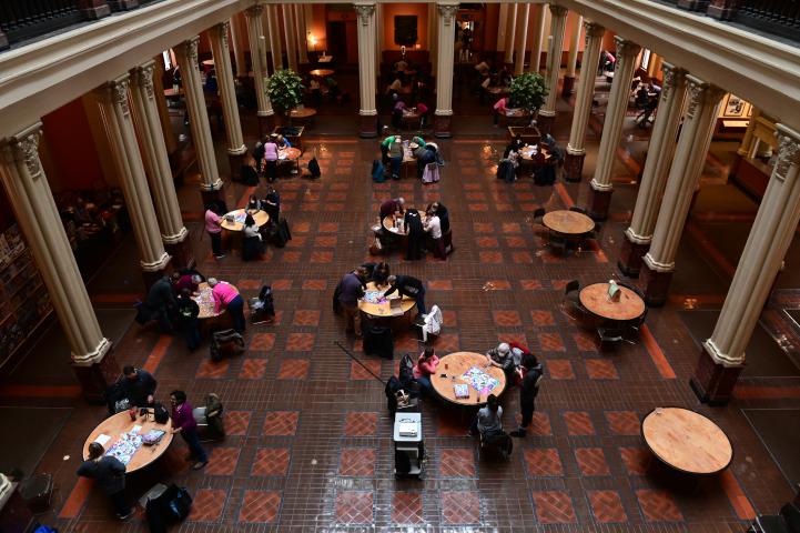 Teams are spread out on two floors during the St. Paul Winter Carnival Puzzle Contest at the Landmark Center in downtown St. Paul on Saturday, Jan., 30, 2021. Sponsored by PuzzleTwist® roughly 150 teams in four categories competed to complete puzzles in the fast time. (John Autey / Pioneer Press)