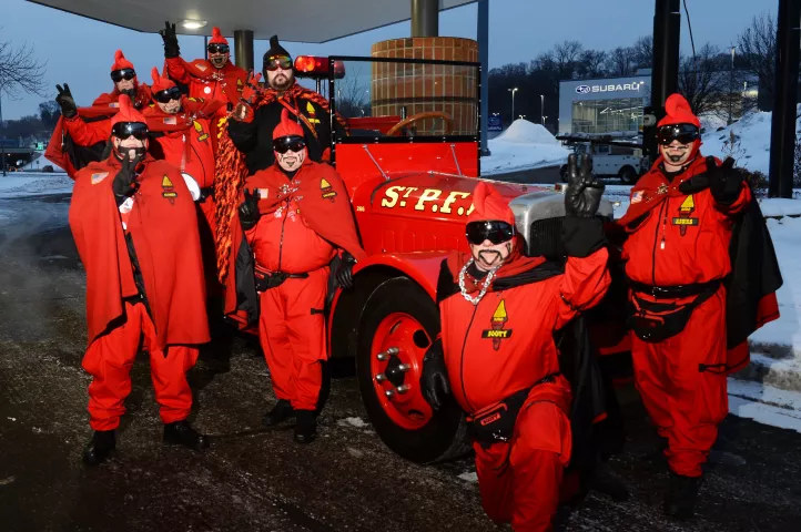 Vulcanus Rex and his Vulcan Krewe, part of the 2020 St. Paul Winter Carnival, are photographed with their fire engine "Luverne" on Wednesday, Jan. 29, 2020. (Scott Takushi / Pioneer Press)