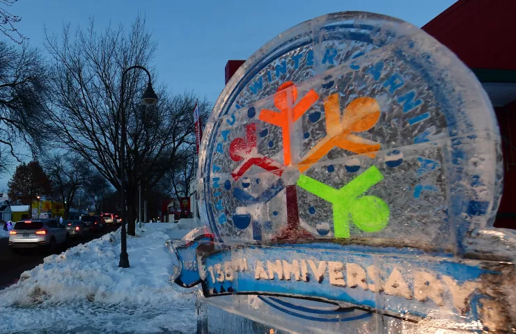 Cars line up at the St. Paul Winter Carnival Drive-Thru Ice and Snow Sculpture Park on the Minnesota State Fairgrounds in Falcon Heights on Thursday, Jan. 28, 2021. (John Autey / Pioneer Press)