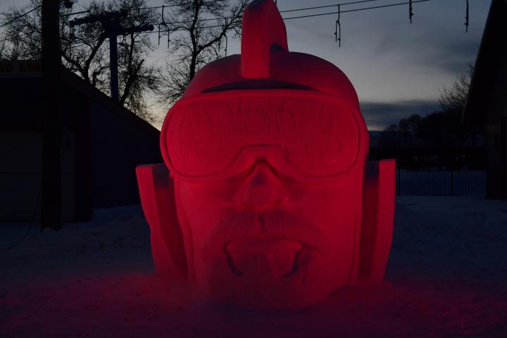 A snow carving of a Vulcan at the St. Paul Winter Carnival Drive-Thru Ice and Snow Sculpture Park on the Minnesota State Fairgrounds in Falcon Heights on Thursday, Jan. 28, 2021. (John Autey / Pioneer Press)