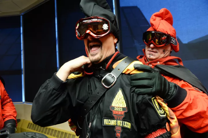 Vulcanus Rex LXXXV Fred Edstrom, left, has his cape adjusted by Duke of Klinker Jim Bebeau, before a photo shoot with the 2022 Vulcan Krewe in St. Paul on Wednesday, Feb.2, 2022. (Scott Takushi / Pioneer Press)