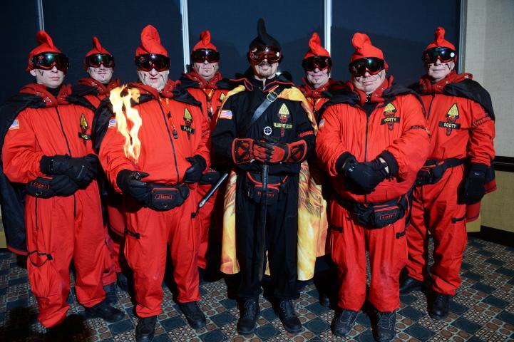 The 2022 Vulcan Krewe in costume, from left: Count of Ashes Michael Daleiden, Count Embrious Kaene Wallace, General Flameous Lawrence Genzler, Baron Hot Sparkus Christopher Seebeck, Vulcanus Rex LXXXV Fred Edstrom, Duke of Klinker Jim Bebeau, Grand Duke Fertilious Bob Westlund and Prince of Soot Bob Flood. (Scott Takushi / Pioneer Press)