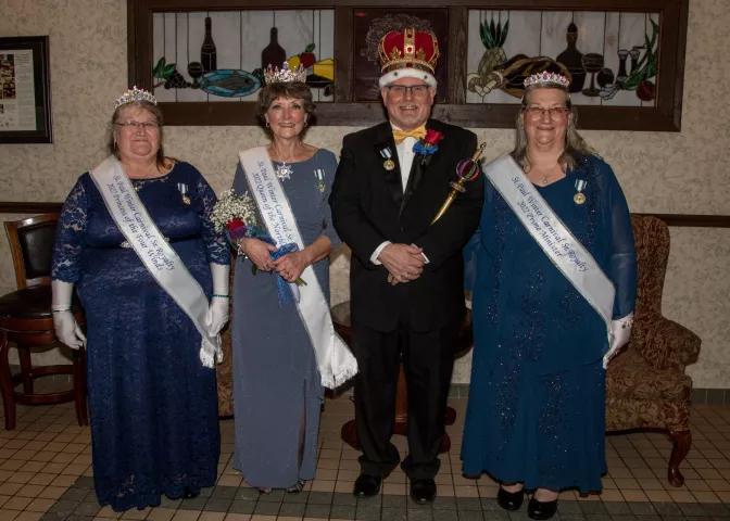 The 2022 St. Paul Winter Carnival Senior Royalty was named Friday at Tinucci's in Newport. The senior royals are, left to right, Princess of the Four Winds Debbie Sjogren from Inver Grove Heights; Queen of the Northland Deb Hess from St. Paul (but moving to Hopkins in February); King Winter Douglas Dyrland from Hopkins; and Prime Minister Bonnie Lopez from West St. Paul. The 136th St. Paul Winter Carnival runs from Jan. 28-Feb. 6. ((Photo courtesy of St. Paul Winter Carnival by Lew Ferty Vogel)