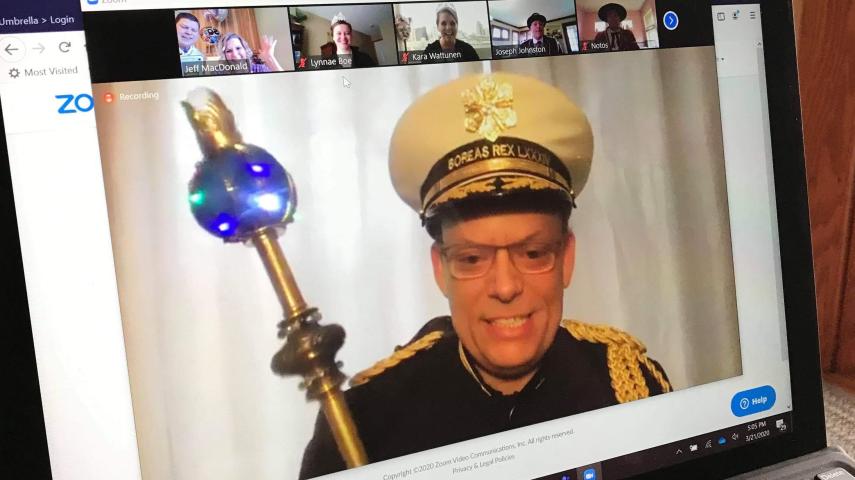 Darrin Johnson, the St. Paul Winter Carnival’s 2020 King Boreas performs the first-ever virtual knighting ceremony for Natalka Kramarczuk, 50, of South St. Paul Saturday, March 21, 2020. They could not meet in person due to the coronavirus protocols. (Courtesy of Jeff MacDonald)