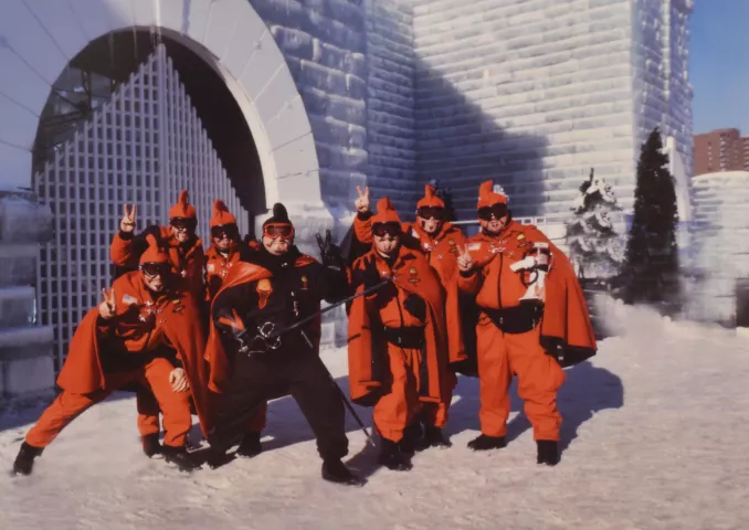 Tom Barrett, center, wearing black, was the 2004 Vulcanus Rex. He is photographed with the Vulcan Krewe at the 2004 Ice Palace in St. Paul. (Scott Takushi / Pioneer Press)