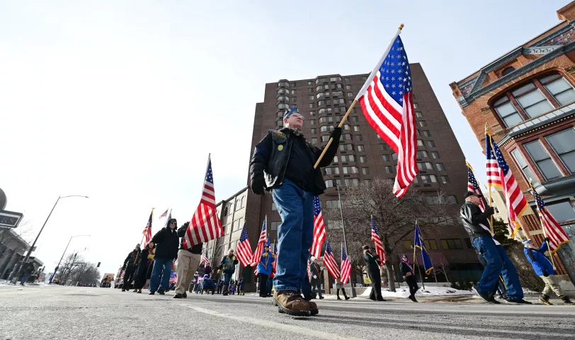Members of the American Legion 4th District present the colors at the start of the 2022 King Boreas Grande Day Parade, Presented by Hamernick’s, along West 7th Street in St. Paul on Saturday, January 29, 2022. (John Autey / Pioneer Press)