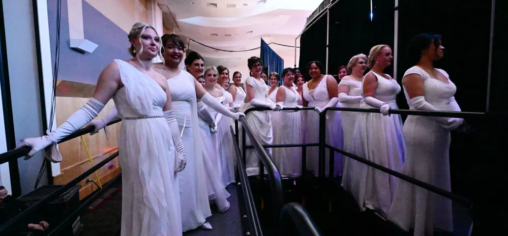 Queen of the Snows candidates wait to go onstage during the 2022 St. Paul Winter Carnival Royal Coronation at the Saint Paul RiverCentre on Friday, January 28, 2022. (John Autey / Pioneer Press)