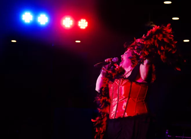 Tina Hacker from Plymouth belts out her song in the first round of the 2022 Klondike Kate competition at the DoubleTree by Hilton in St. Paul on Wednesday, Jan. 12, 2022. (John Autey / Pioneer Press)