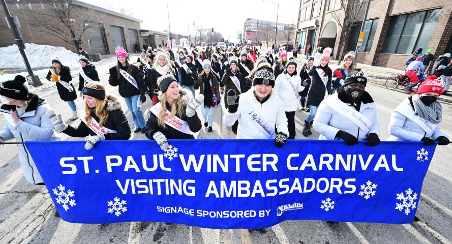 It’s a sea of tiaras as visiting princess march in the 2022 King Boreas Grande Day Parade, Presented by Hamernick’s, along West 7th Street in St. Paul on Saturday, January 29, 2022. (John Autey / Pioneer Press)
