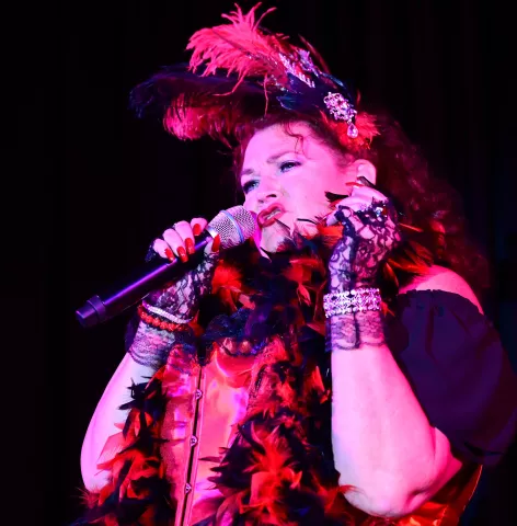 Tina Hacker from Plymouth sings in the second round of the 2022 Klondike Kate competition at the DoubleTree by Hilton in St. Paul on Wednesday, Jan. 12, 2022. (John Autey / Pioneer Press)