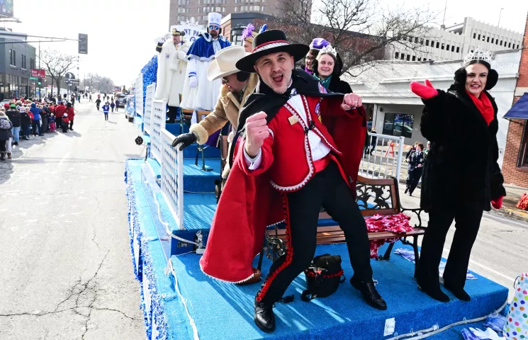 Notos, Prince of the South Wind, Joey Clark, leads the royal float in a cheer during the 2022 King Boreas Grande Day Parade, Presented by Hamernick’s, along West 7th Street in St. Paul on Saturday, January 29, 2022. (John Autey / Pioneer Press)