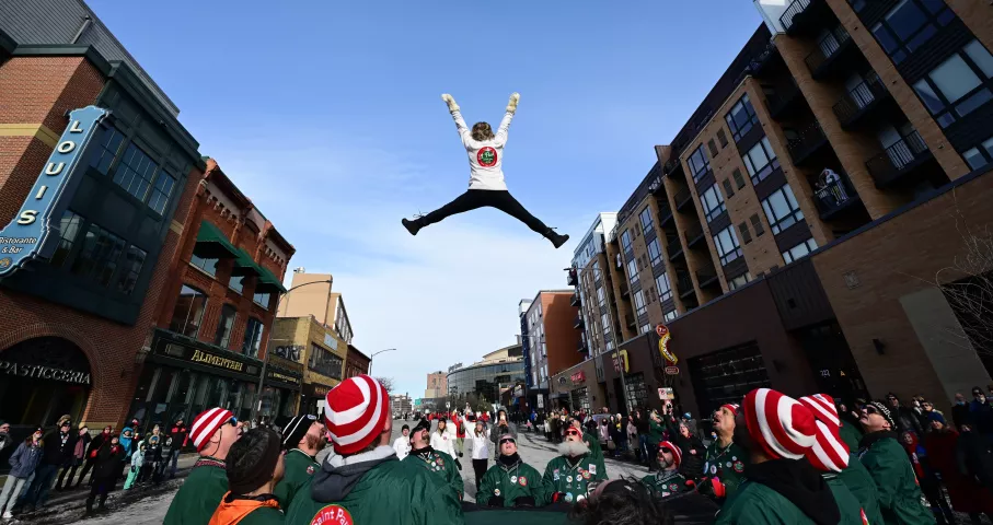 The St. Paul Bouncing Team performs during the 2022 King Boreas Grande Day Parade, Presented by Hamernick’s, along West 7th Street in St. Paul on Saturday, January 29, 2022. (John Autey / Pioneer Press)