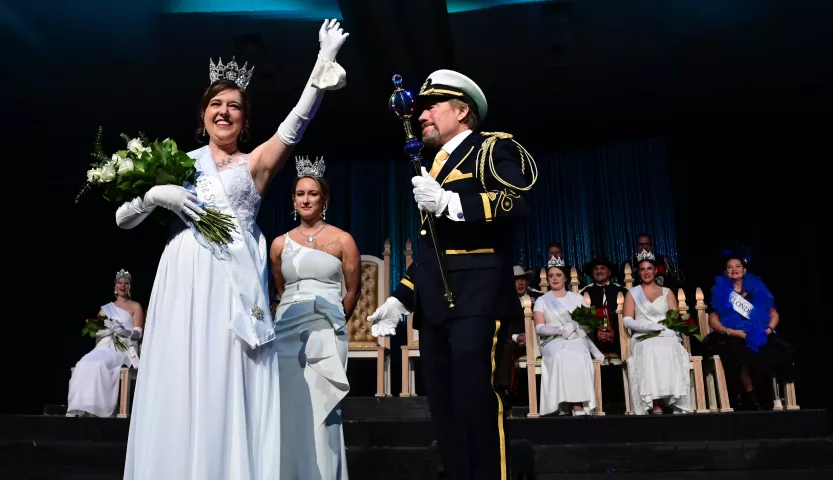 Queen of Snows, Effie Barnes and Boreas LXXXIV, Billy Given during the 2022 St. Paul Winter Carnival Royal Coronation at the Saint Paul RiverCentre on Friday, January 28, 2022. (John Autey / Pioneer Press)