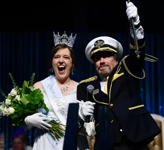 Queen of the Snows, Effie Barnes and Boreas LXXXIV, Billy Given during the 2022 St. Paul Winter Carnival Royal Coronation at the Saint Paul RiverCentre on Friday, January 28, 2022. (John Autey / Pioneer Press)