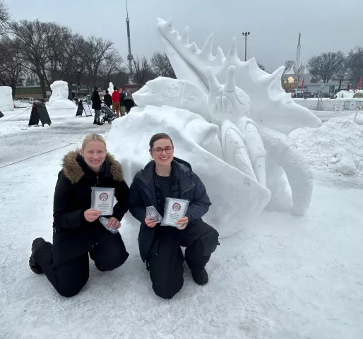 "It's a Hermit Crab," a snow sculpture by Carmen Martin, Maddy Dall and Erik Krenz, won first place in the 2023 Minnesota State Snow Sculpting Competition during Winter Carnival in St. Paul. (Courtesy of St. Paul Winter Carnival)