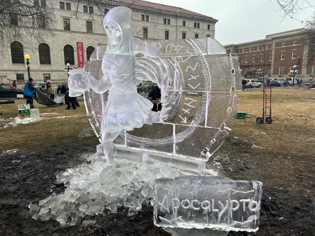 "Apocalypto," an ice sculpture by Paul Hughes, Deneena Hughes and Brett Hughes won second place in the multi-block category in the 2023 St. Paul Winter Carnival Ice Carving Competition. (Courtesy of St. Paul Winter Carnival)