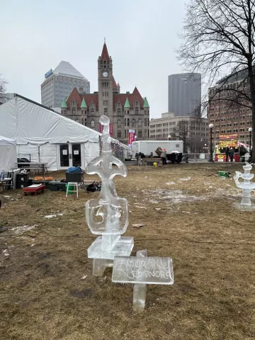 "Amor Sonoro," an ice sculpture by Paul Hughes and Sophia Hughes, won second place in the single-block professional category in the 2023 St. Paul Winter Carnival Ice Carving Competition. (Courtesy of St. Paul Winter Carnival)