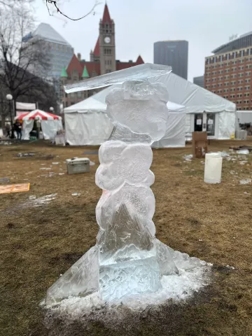 "Hang Glider," an ice sculpture by John Njoes, won third place in the single-block professional category in the 2023 St. Paul Winter Carnival Ice Carving Competition. (Courtesy of St. Paul Winter Carnival)