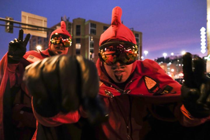 Members of the Vulcan Krewe parade through the streets of downtown St. Paul on Feb. 4, 2023. The parade symbolizes Vulcanus Rex’s march on the ice castle to take the throne from King Boreas, a legend made into tradition every year at St. Paul’s winter carnival. (Bryson Rossell / Pioneer Press)