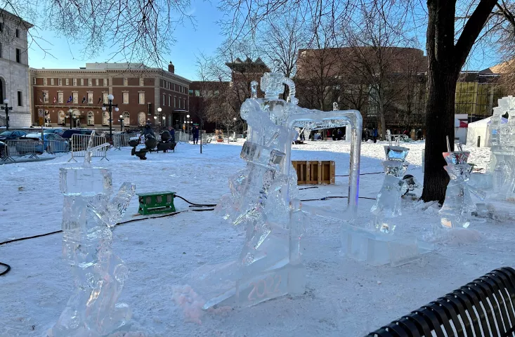 Jan. 29, 2023 photo of the winning entry, "Winter Verse," in the Multi-Block Ice Carving competition of the 2023 St. Paul Winter Carnival. Team members are Terry Reis, Rob Graham, Brody Reis and AJ Edwards. (Courtesy of the St. Paul Winter Carnival)