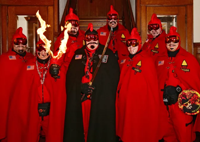 The Vulcan Krewe of the 2023 St. Paul Winter Carnival is photographed in St. Paul on Wednesday, Feb. 1, 2023. The Krewe is, front row, from left;  Baron Hot Sparkus (Andy Tubman of North St. Paul), Prince of Soot (Ken Lehman of Somerset, Wis.), Vulcanus Rex LXXXV (Ivan Weiss Jr., of Stillwater), Count of Ashes (Will Cammack of St. Paul), Grand Duke Fertilious (John Deleon of Stillwater), and back row, from left, General Flameous (Scott Keister of Woodbury), Duke of Klinker (Josh Knudsen of Hudson, Wis.) and