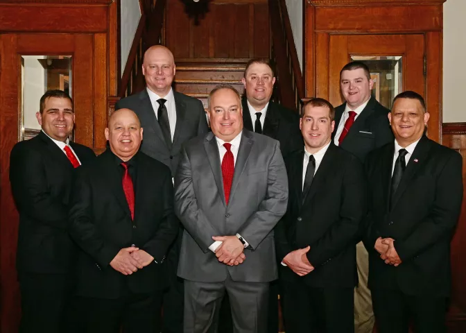 The Vulcan Krewe of the 2023 St. Paul Winter Carnival is photographed in St. Paul on Wednesday, Feb. 1, 2023. The Krewe is, front row, from left;  Baron Hot Sparkus (Andy Tubman of North St. Paul), Prince of Soot (Ken Lehman of Somerset, Wis.), Vulcanus Rex LXXXV (Ivan Weiss Jr., of Stillwater), Count of Ashes (Will Cammack of St. Paul), Grand Duke Fertilious (John Deleon of Stillwater), and back row, from left, General Flameous (Scott Keister of Woodbury), Duke of Klinker (Josh Knudsen of Hudson, Wis.) and