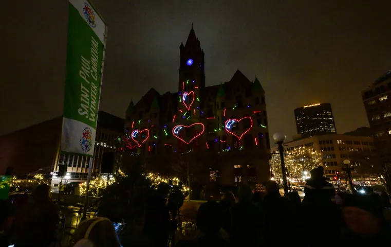 A laser light show dance on the Landmark Center across the street from Rice Park in St. Paul as part of the St. Paul Winter Carnival-Light the Park celebration to mark the official start the 2024 “The Coolest Celebration on Earth” on Thursday, Jan. 25, 2024. (John Autey / Pioneer Press)