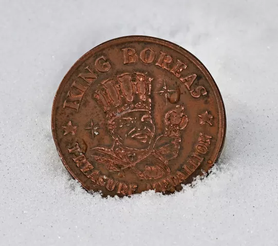 One of the original bronze medallions used for the St. Paul Pioneer Press Treasure Hunt in St. Paul on Thursday, Jan. 18, 2024. (John Autey / Pioneer Press)