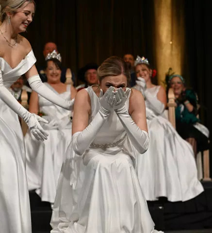Liv Swenson reacts after being named 2023 Aurora, Queen of the Snows during the 2023 Winter Carnival Royal Coronation at Saint Paul RiverCentre on Friday, Jan. 27, 2023. (John Autey / Pioneer Press)