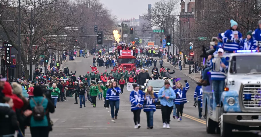 Participants towards downtown during the 2024 St. Paul Winter Carnival King Boreas Grande Day Parade along West 7th Street in downtown on Saturday, Jan, 27, 2024. (John Autey / Pioneer Press)