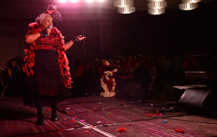 Antoinette (Toni) Coffey from Brooklyn Park performs during the 2023 Klondike Kate contest at the DoubleTree by Hilton Saint Paul East on Wednesday, Jan. 11, 2023. (John Autey / Pioneer Press)