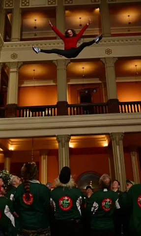 Torrie Lukin-Johnson from Hugo goes high as she records a 1.99 second hang time during the St. Paul Bouncing Team’s Bouncing Girl tryouts at the Landmark Center in St. Paul on Friday, Feb. 2, 2024. One of the oldest and most popular performers in the St. Paul Winter Carnival, the St. Paul Bouncing Team's chant of “One! Two! Up she goes!” can be heard around the Twin Cities as they perform aerial acrobatics throughout the year. (John Autey / Pioneer Press)