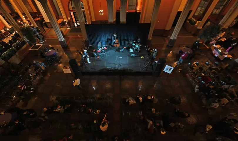 Student jazz musicians from Walker West Music Academy perform during the St. Paul Winter Carnival’s Rondo Night at the Landmark Center in downtown St. Paul on Thursday, Feb. 2, 2023. (John Autey / Pioneer Press)