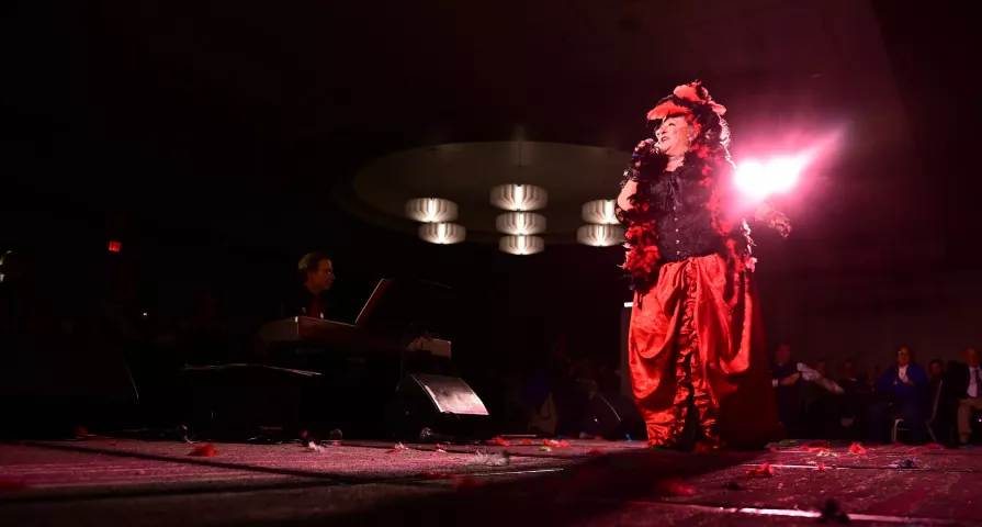 Maret Bylander from Stillwater, sings during the 2023 Klondike Kate contest at the DoubleTree by Hilton Saint Paul East on Wednesday, Jan. 11, 2023. (John Autey / Pioneer Press)