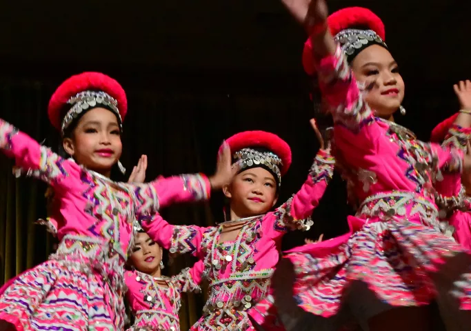 Dancers with the Clementine Hmong Dance Team perform during the 2024 St. Paul Winter Carnival Royal Coronation at the RiverCentre in St. Paul on Friday, Jan. 26, 2024. (John Autey / Pioneer Press)
