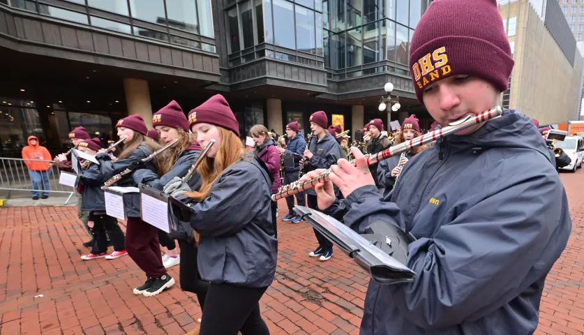Duluth Denfeld High School marching band performs during the 2024 St. Paul Winter King Boreas Grande Day Parade along West 7th Street in downtown on Saturday, Jan. 27, 2024. (John Autey / Pioneer Press)