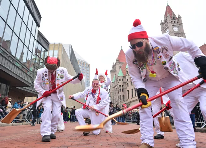 The St. Paul Winter Carnival Pooper Scoopers perform during the 2024 St. Paul Winter Carnival King Boreas Grande Day Parade along West 7th Street in downtown on Saturday, Jan. 27, 2024. (John Autey / Pioneer Press)